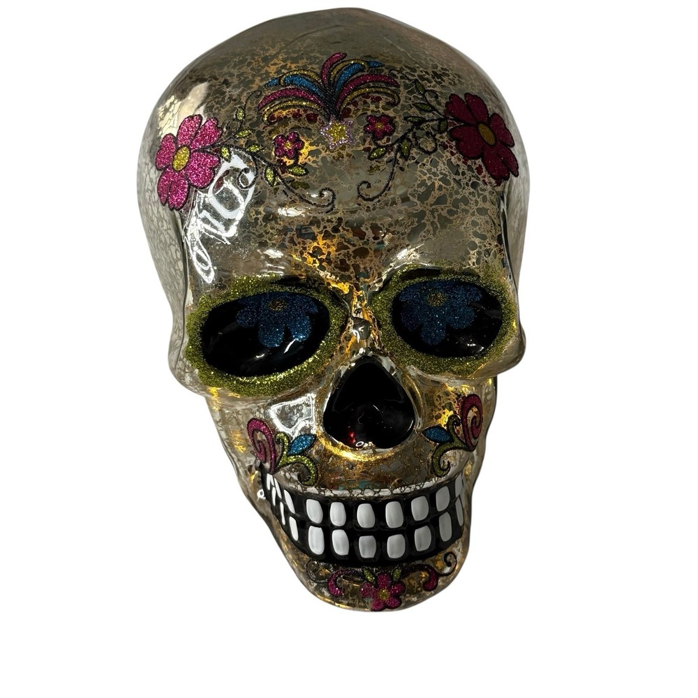 Mercury Glass Sugar Skull Light Up Gold Glitter Floral Dia de los Muertos 6in